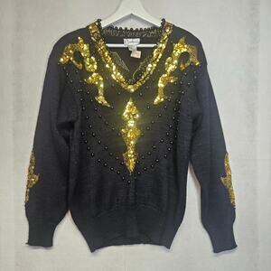 NWT Vintage 90s Carducci Black & Gold Beaded Sequins V-Neck Sweater Small